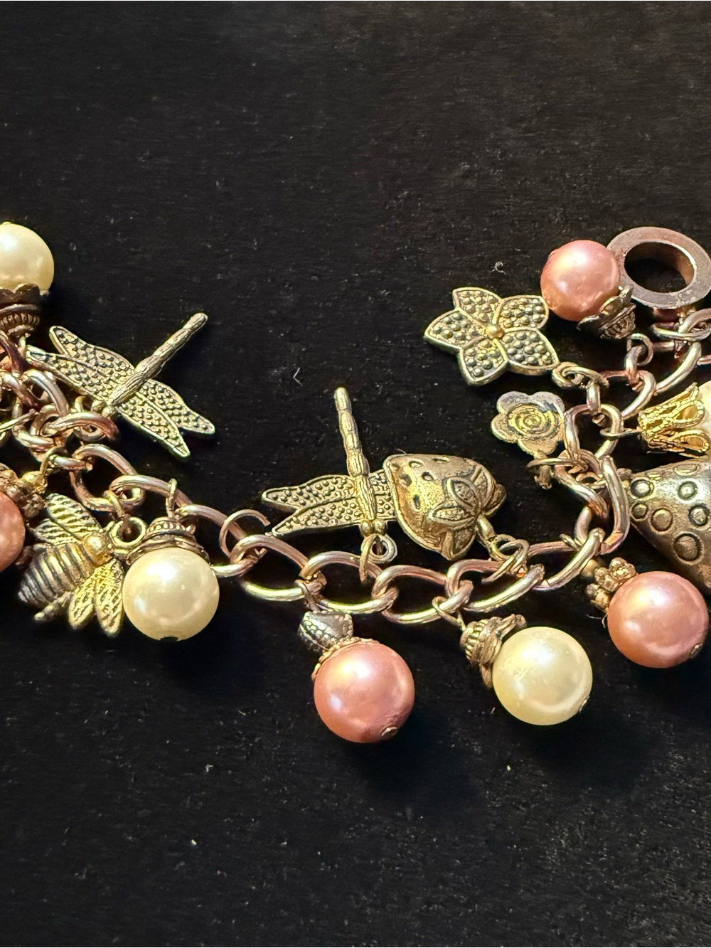 Vintage-Inspired Pink & Cream faux Pearl Dragonfly, Mushroom, charm bracelet Y2K